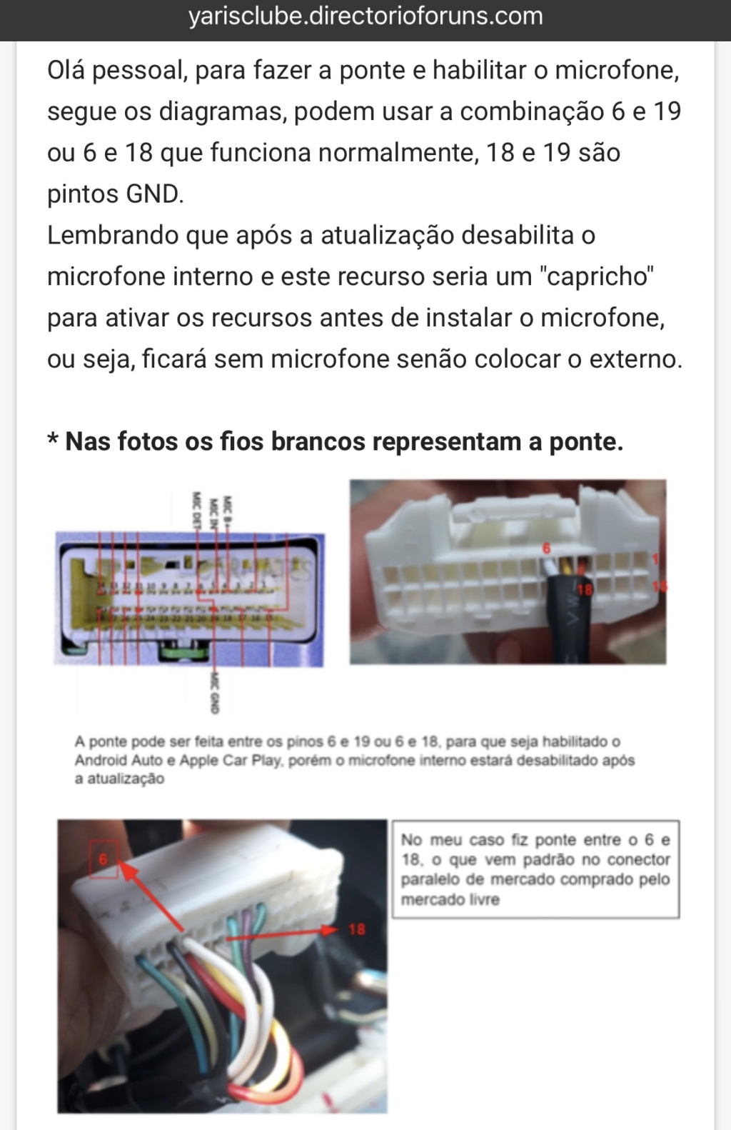 Diagrama de jumper de pinos 6 e 18 — ativação Android Auto Toyota Yaris